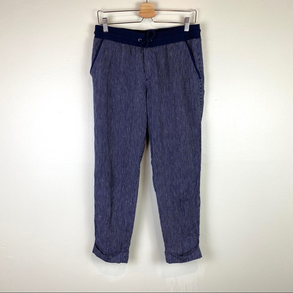 Athleta Bali Linen Ankle Pant Blue Striped 8